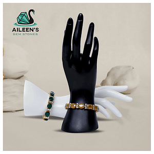 NATURAL OVAL CUT DARK GREEN JADE AND YELLOW SAPPHIRE BRACELET WITH RHODIUM GOLD PLATING AND ZIRCONIA STONES