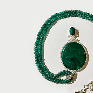 Malachite Pendant with White Zirconia in Emerald String
